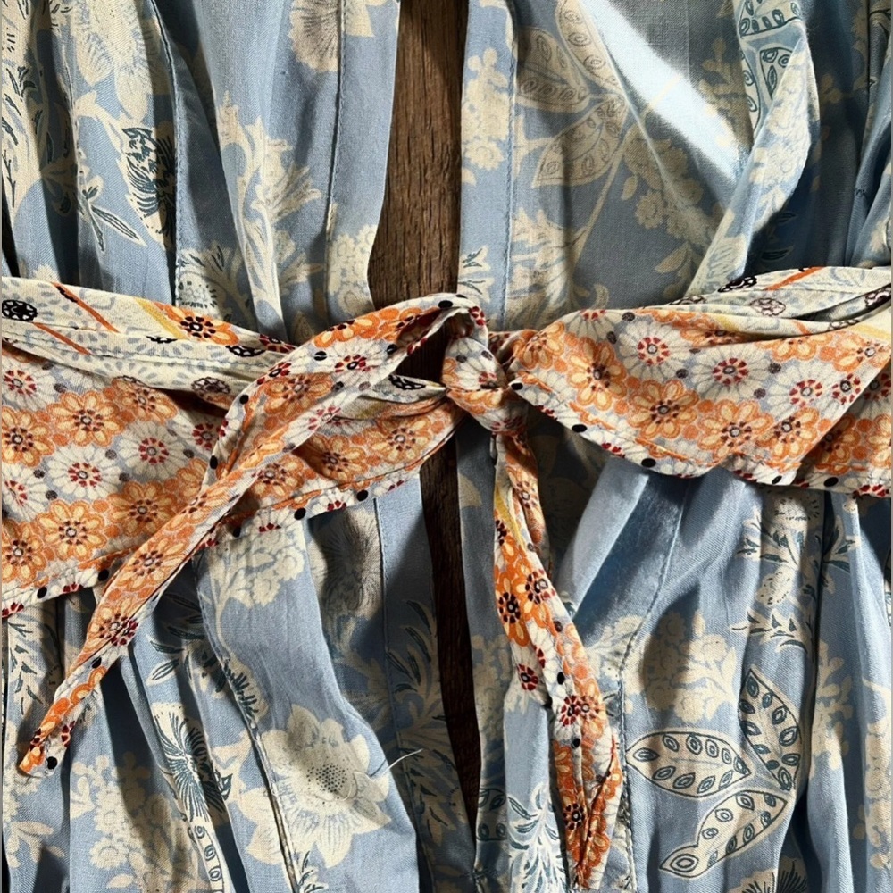 ANGIE Kimono Womens Small Blue Floral Print Open Boho Belted Cardigan Duster - Picture 5 of 8